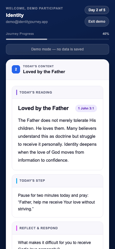 A participant's pathway day in ChurchPathways, showing today's reading, a private reflection prompt and the option to share it with a leader.