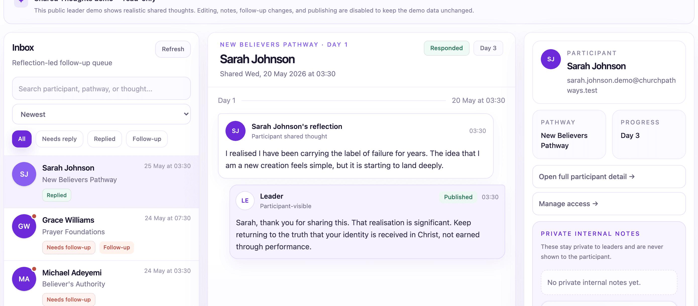 ChurchPathways Shared Thoughts and leader follow-up workspace.